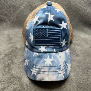 C.C. Tie Dye Stars Ponytail Cap USA Flag Patch Crisscross Velcro Strap Hat NWOT